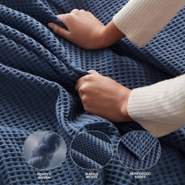 JLA Home Madison Park - Cotton Waffle-Weave Blanket — Ultra-Soft 100% Breathable Cotton, OEKO‑TEX Certified, Machine Washable Indigo BR51N-3830