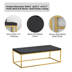 English Elm 47" Faux Stone Slab Coffee Table with Powder-coated Steel Frame for Modern Loft Living Gold+Black W3151P400580