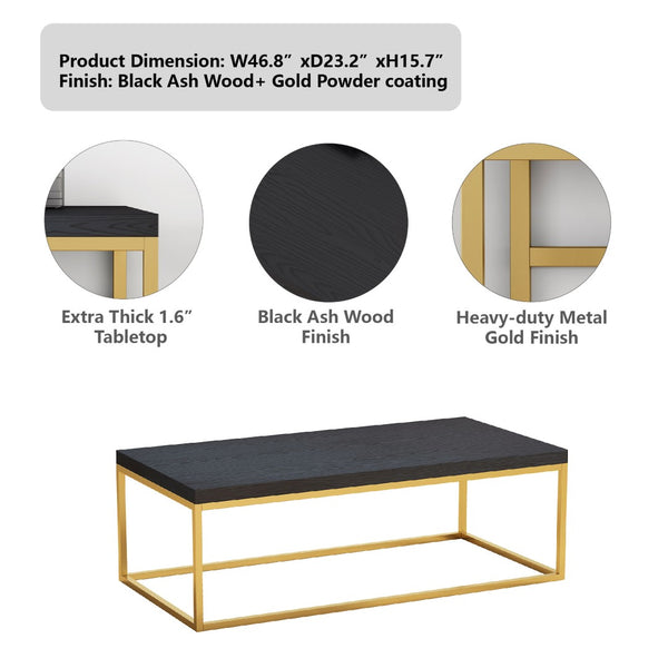 English Elm 47" Faux Stone Slab Coffee Table with Powder-coated Steel Frame for Modern Loft Living Gold+Black W3151P400580