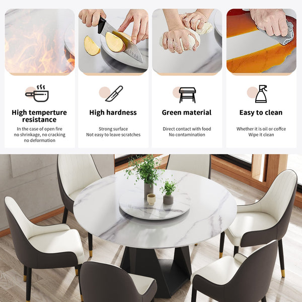 English Elm 53" Round Marble Dining Table With Iron Base, Seats 6 With Lazy Susan, Elegant White Finish W1535S00399