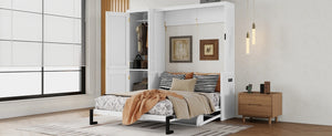 English Elm Queen Murphy Wall Bed with Integrated Desk Gas Strut Lift White Cabinet for Small Spaces W504S00271