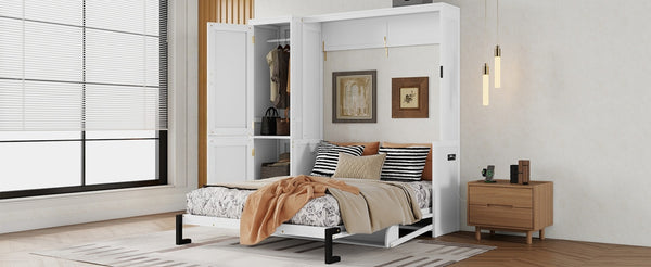 English Elm Queen Murphy Wall Bed with Integrated Desk Gas Strut Lift White Cabinet for Small Spaces W504S00271