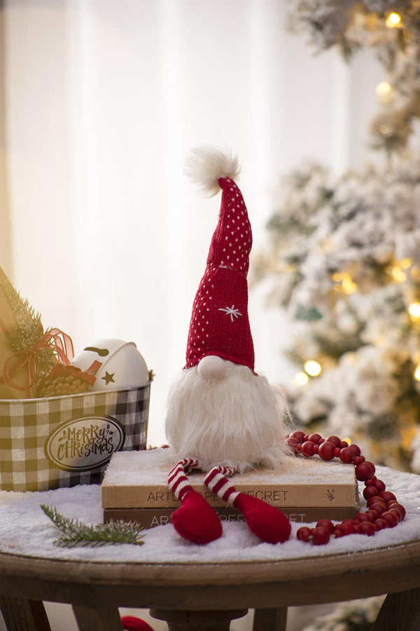 English Elm 2pcs Festive Gnome Figurines with Fluffy Beards and Striped Legs for Tabletop, Mantel, Holiday Charm White+Red W2078P242125