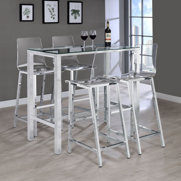 English Elm Garbo Modern Chrome 5-Piece Bar Set with Clear Glass Top and Transparent Stools for Entertaining B062S01042