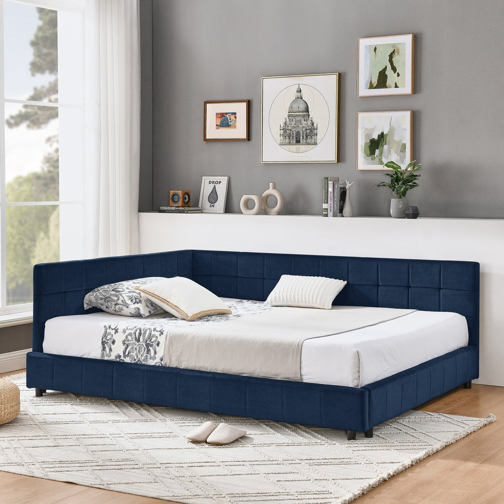 English Elm Full Upholstery Bed Frame with Tufted Velvet Sofa-Style Backrest and Armrests, Sturdy 500lb Capacity Dark Blue W487S00293