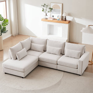English Elm MH100.2" Sofa Convertible L-Shaped Linen Sectional with Movable Ottoman 5 Cushions 4 Lumbar Pillows Beige W1193S00140