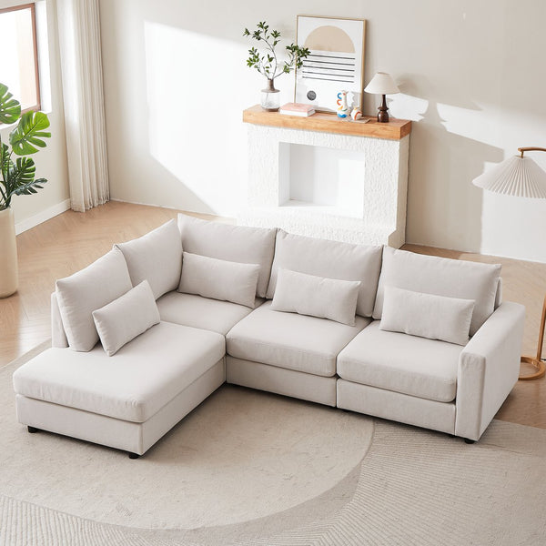 English Elm MH100.2" Sofa Convertible L-Shaped Linen Sectional with Movable Ottoman 5 Cushions 4 Lumbar Pillows Beige W1193S00140