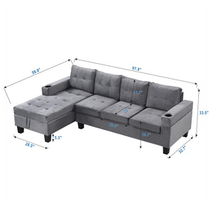 English Elm Sectional PU Sofa Set with L-Chaise, Built-In Cup Holders, Thick Foam Cushions, Modern 4-Seater Comfort Grey 69.29 L x 33.46 W x 13.78 H W2297S00011