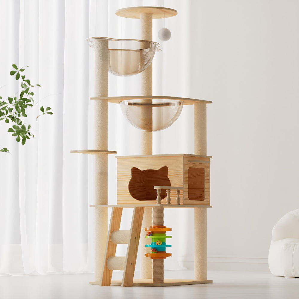 English Elm 59" Modern Wood Cat Tower with Sisal Posts Acrylic Hammock and Elevated Perch W3101P383595
