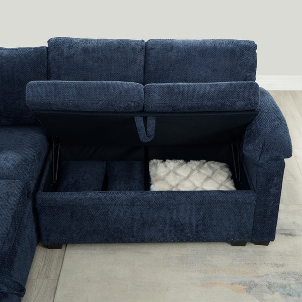 English Elm 97 Inch L-shaped Chenille Sectional Sofa with Sleeper Storage Ottoman 7 Seats Dark Blue W1669S00019