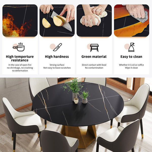 English Elm 59.05" Round Marble Dining Table – Stylish Bronze Iron Base For 6-8 People, Perfect For Modern Spaces W1535S00412