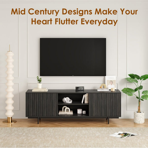 English Elm Modern Low Profile Media Console with Open Shelving and Concealed Cabinet Storage Black T3623P434816