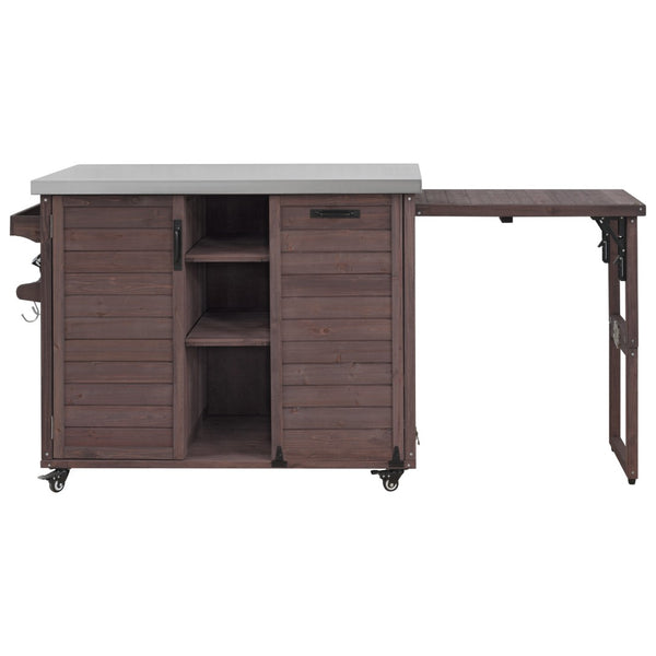 English Elm K&k Outdoor Rolling Kitchen Island Fir Wood Stainless Steel Top with Foldable Prep Station Dark Brown N707P370276Z