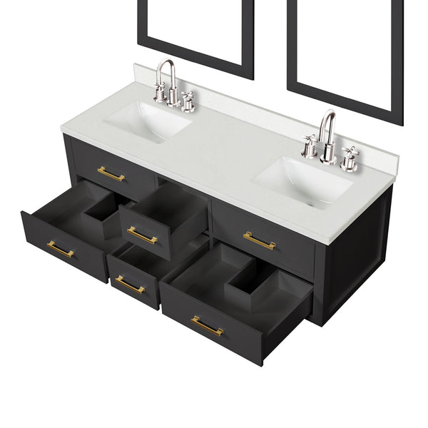 English Elm Black Double Bath Vanity Set With White Quartz Top, Chrome Faucets & 28" Matching Mirrors - Modern Elegance B2731S01825