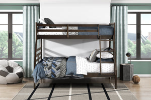 English Elm Twin Twin-over-Twin Bunk Bed with Guard Rails and Integrated Ladder, Oak-Veneer Durable Frame, Space-Saving Design Dark Brown 58.5 L x 34.5 W x 7 H B011S01852