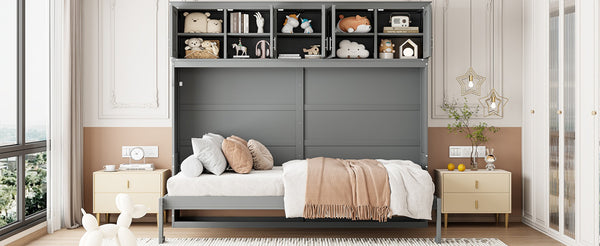 English Elm Queen Murphy Wall Bed with Top Cabinet Storage for Small Space Living Gray LP006665AAE-1