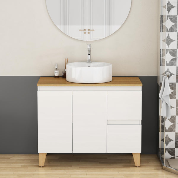 English Elm 36-inch Glossy White Bathroom Vanity with Ceramic Sink Soft Close Drawers Minimalist W3151S00071
