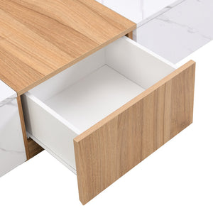 English Elm ON-TREND Modern TV Stand with Faux Marble & Walnut Grain, 78.7" Modular Console with 4 Drawers for Organized Living Room Decor White WF320812AAK