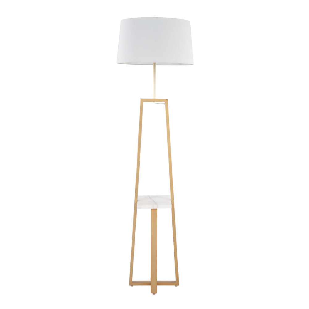 English Elm Cosmo Geometric Floor Lamp with Marble Shelf and White Linen Shade, Gold Glam Accent for Living Room B202S01377