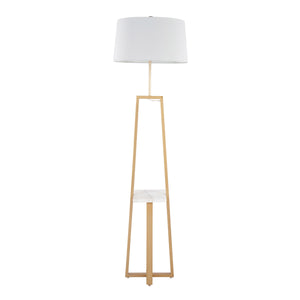 English Elm Cosmo Geometric Floor Lamp with Marble Shelf and White Linen Shade, Gold Glam Accent for Living Room B202S01377