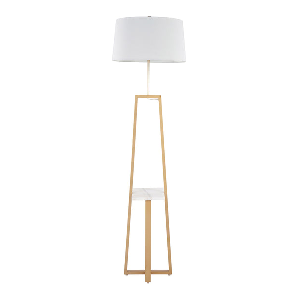 English Elm Cosmo Geometric Floor Lamp with Marble Shelf and White Linen Shade, Gold Glam Accent for Living Room B202S01377
