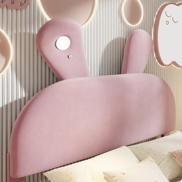 English Elm Full Pink Velvet Platform Bed Cartoon Ear Headboard Led Light Storage Stools N709P195300H-1