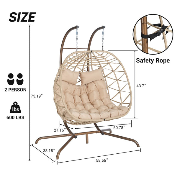 English Elm Double Hanging Egg Chair with Stand Wicker Basket Swing for Patio Balcony 600 Lb W874P270564