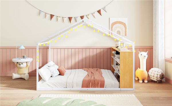 English Elm Full House Bed Frame with Shelves & LED Lights — Metal + Wood Full-Size Playhouse Bed for Kids Room Decor White N737P176706K
