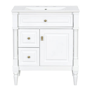 English Elm 30" Freestanding Bathroom Vanity Rubberwood Frame Ceramic Sink Flip Drawer Storage White N725P356062K