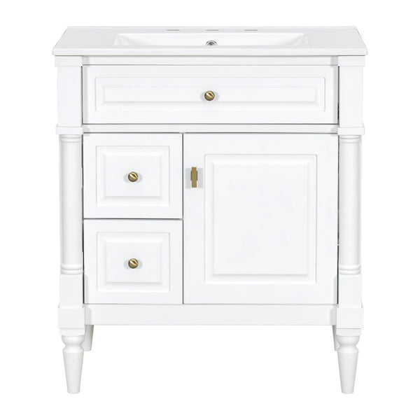 English Elm 30" Freestanding Bathroom Vanity Rubberwood Frame Ceramic Sink Flip Drawer Storage White N725P356062K