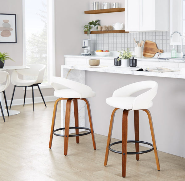 English Elm Fixed-height Swivel Counterstools Mahogany Wood Chrome Footrest Velvet Seat Set of 2 White B202S01776
