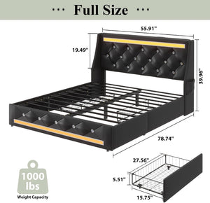English Elm Full Size Pu Leather Storage Bed with Rgb Led Headboard and Charging Station Black W5722P462648