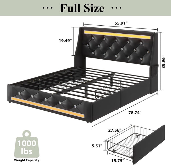 English Elm Full Size Pu Leather Storage Bed with Rgb Led Headboard and Charging Station Black W5722P462648