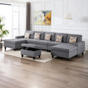 English Elm Nereo Gray Linen Double Chaise Sectional with Storage Ottoman for Spacious Living Gray B2749S00127