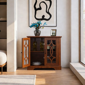 English Elm Elegant Mirrored Sideboard with Butterfly Carved Doors Wood Grain Finish Dining Storage Dark Oak W2899P372743