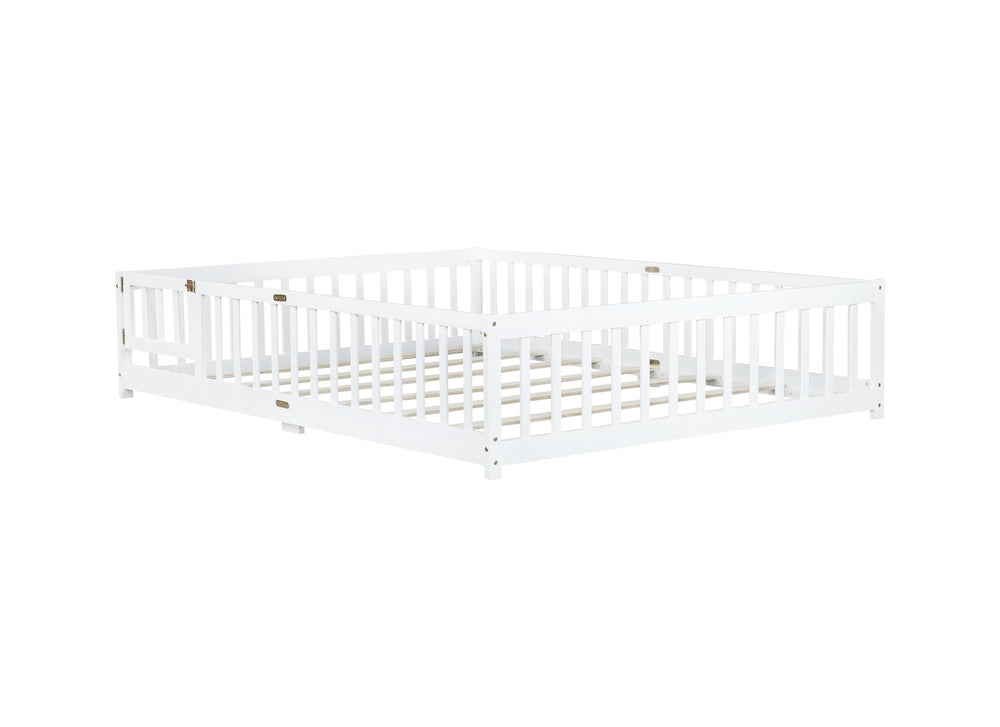 English Elm Queen Floor Bed with Safety Fence and Guardrails, Rubberwood Low Profile Platform for Kids White W504P286387