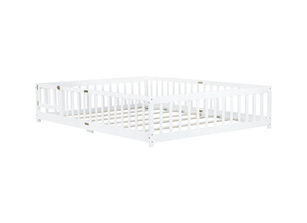 English Elm Queen Floor Bed with Safety Fence and Guardrails, Rubberwood Low Profile Platform for Kids White W504P286387