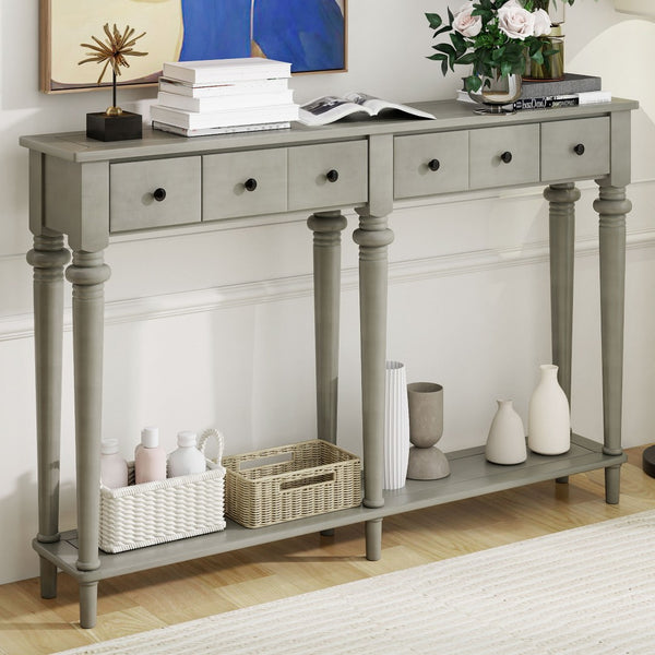 English Elm Trexm Vintage Console Table Four Drawers Pine Veneer Grey Wash Entryway Storage N715P202860E