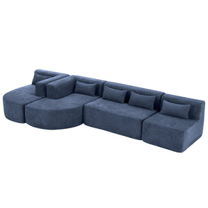 English Elm 144" Upholstered L-Shape Sofa with Bouclé Fabric, Plush Pocket-Spring Seats & Five Pillows for Living Room Blue N719S001850C