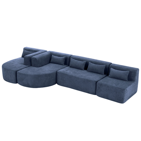 English Elm 144" Upholstered L-Shape Sofa with Bouclé Fabric, Plush Pocket-Spring Seats & Five Pillows for Living Room Blue N719S001850C