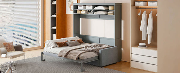 English Elm Queen Murphy Wall Bed with Integrated Sofa Linen Upholstered for Studio Apartments Gray LP000892AAE-1