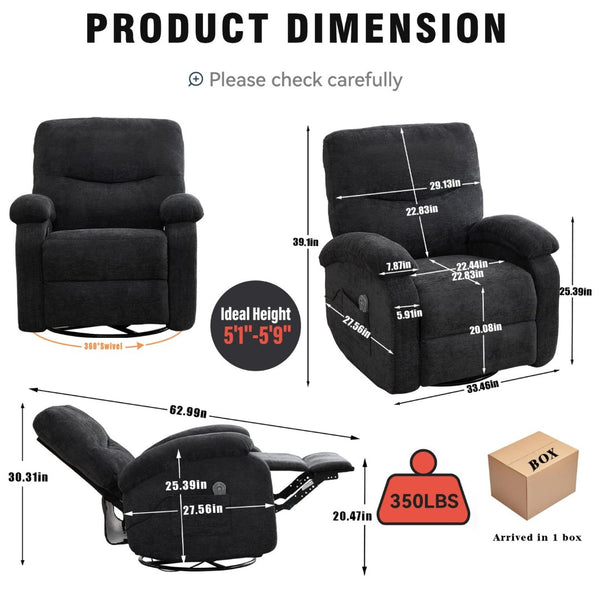 English Elm Hot Massage Rocking Swivel Lounge Chair with Heat Lumbar Support and Cup Holder W5029P388741