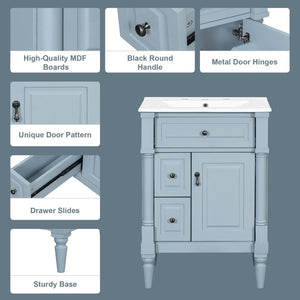 English Elm 24 Inch Freestanding Vanity with Ceramic Sink Rubberwood Frame Matte Finish Storage Blue+Grey N725P356058E