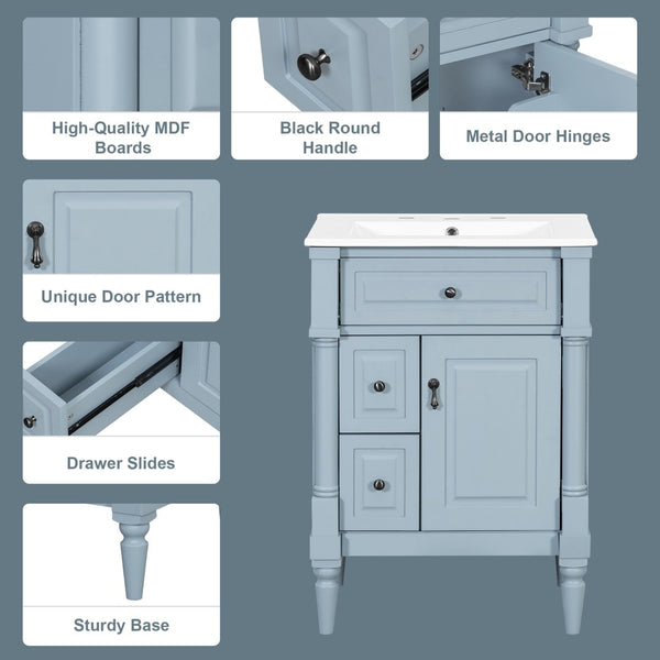 English Elm 24 Inch Freestanding Vanity with Ceramic Sink Rubberwood Frame Matte Finish Storage Blue+Grey N725P356058E