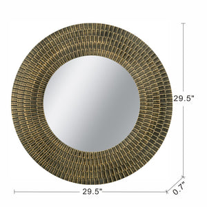 English Elm D29.5" Sculptural Round Gold & Black Woven-Texture Wooden Accent Mirror — Elegant Wall Focal Piece, 33" Diameter W2078P404502
