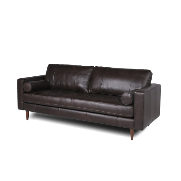 English Elm Mid-Century Tufted Leather Sofa with Brushed Rose Gold Legs, High-Resilience Foam & Durable Coil Support Espresso B193P200158