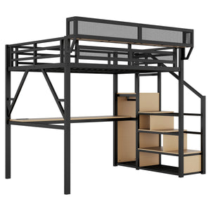 English Elm Full Loft Bed with Desk and Charging Station, Metal Loft with Stairs, Wardrobe, Shelves & Light Black W2580S00047