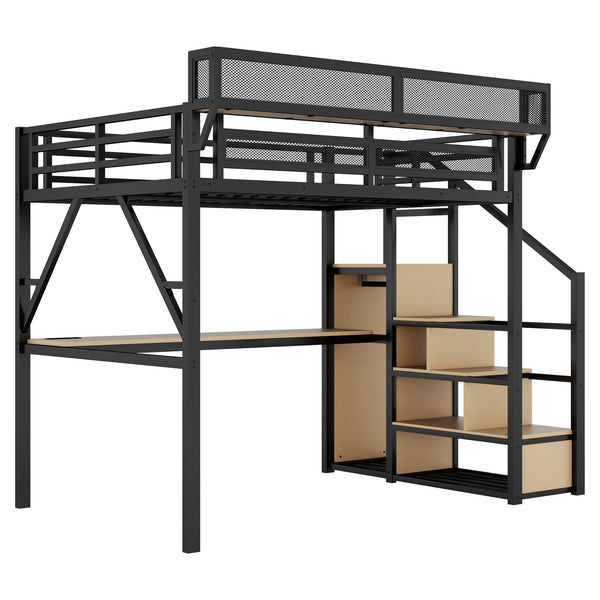 English Elm Full Loft Bed with Desk and Charging Station, Metal Loft with Stairs, Wardrobe, Shelves & Light Black W2580S00047