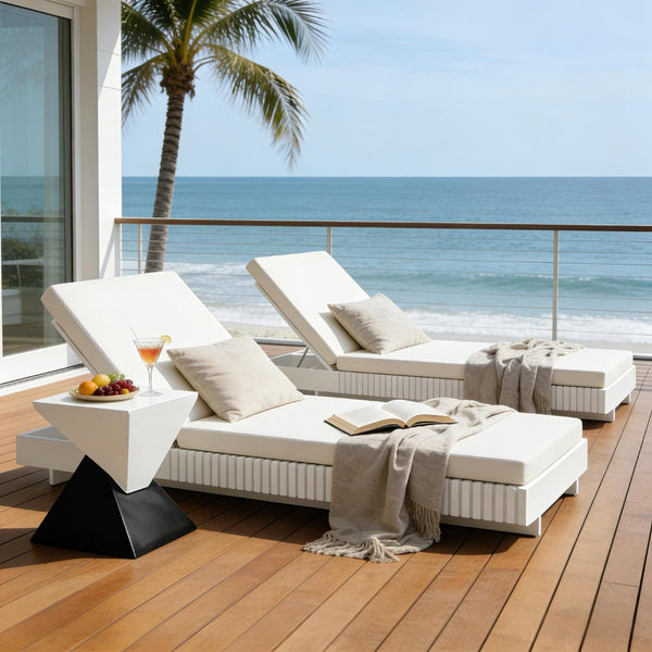 English Elm Modern Acacia Wood Outdoor Chaise Lounge Slatted Reclining Poolside Sun Chair Cream,White N770P281696W_65429.00CUSH