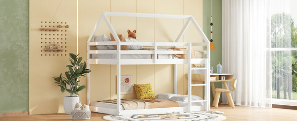 English Elm Twin Rubber Wood Floor Bunk Bed House-Shaped Design with Ladder Guardrails Sturdy Low-Profile Retreat White W504P206864